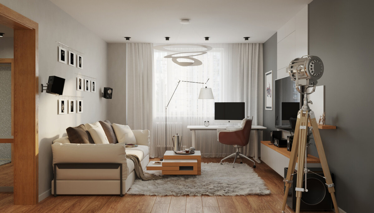 Скандинавский стиль в гостиной и зона для работы