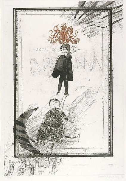 Девид Хокни, Диплом, 1957 год. Хокни отказался писать дипломную работу, заявив, что художника можно оценивать только по его работам. Администрация пригрозила, что не выдаст ему бумагу об окончании. Студент в знак протеста нарисовал скетч под названием «Дипломная работа» (The Diploma). Учитывая растущую уже в то время популярность Хокни, после скандала художник все-таки получил диплом.