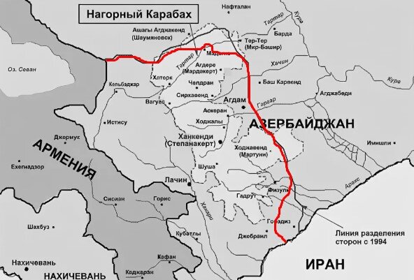 Красным отмечена приблизительная линия фронта