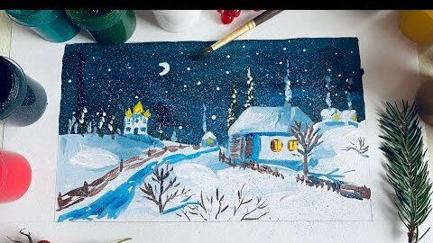 Рисуем Диканьку гуашью. Деревенские домики, месяц, ночь и снег