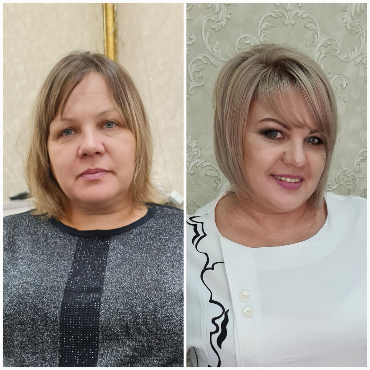 С помощью макияжа изменился разрез глаз, форма бровей и эмоции. 