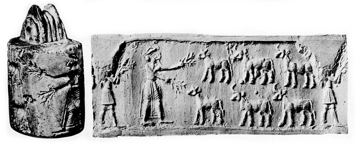 Царь-священник  и его помощник кормят священное стадо. Урукский период, ок. 3200 года до н. э.