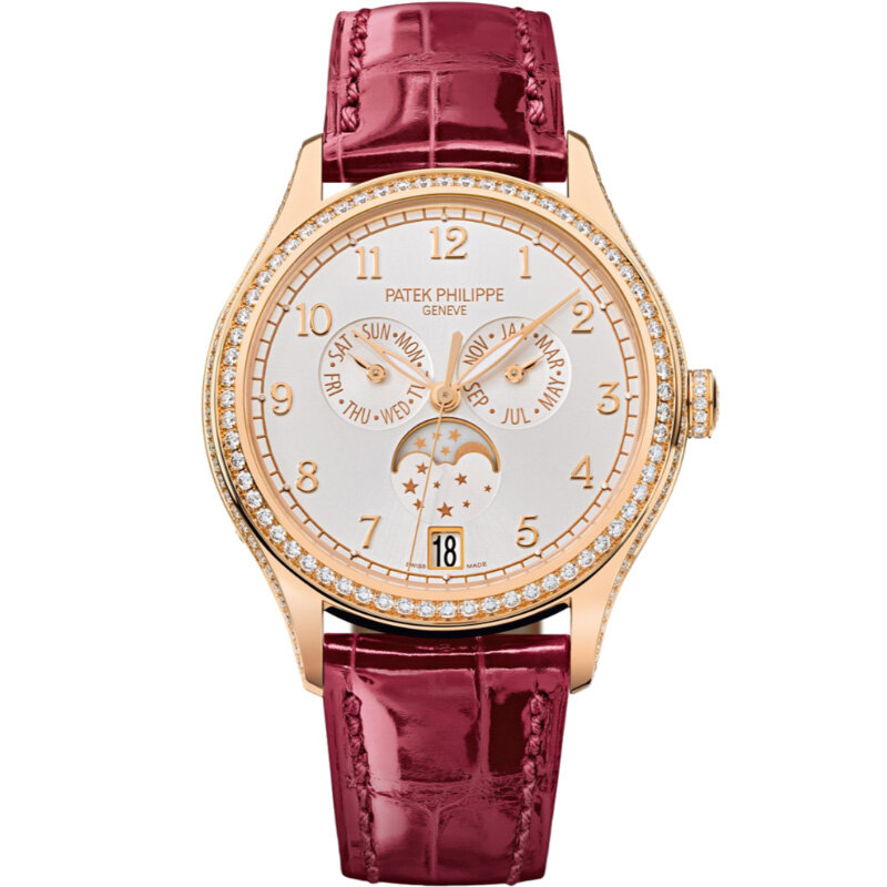 Часы Patek Philippe Complications в 38 мм корпусе из розового золота с бриллиантами, вечным календарем, индикатором лунных фаз и фиксированным безелем