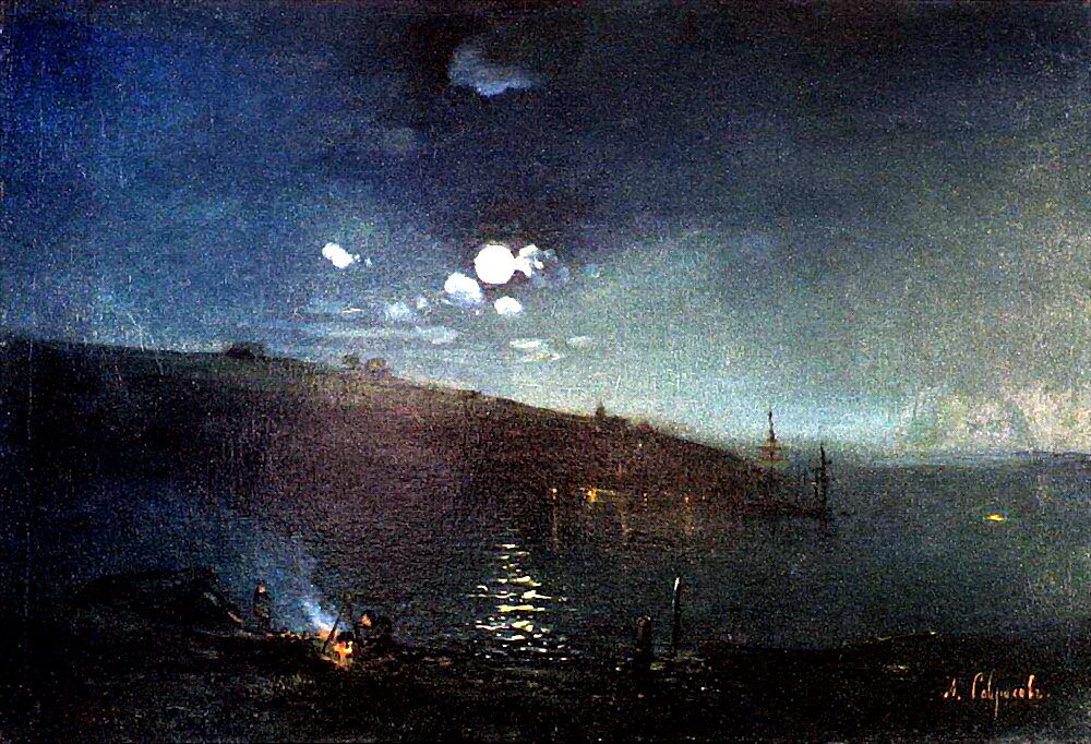 Лунная ночь. Пейзаж с костром. 1880-1890-е