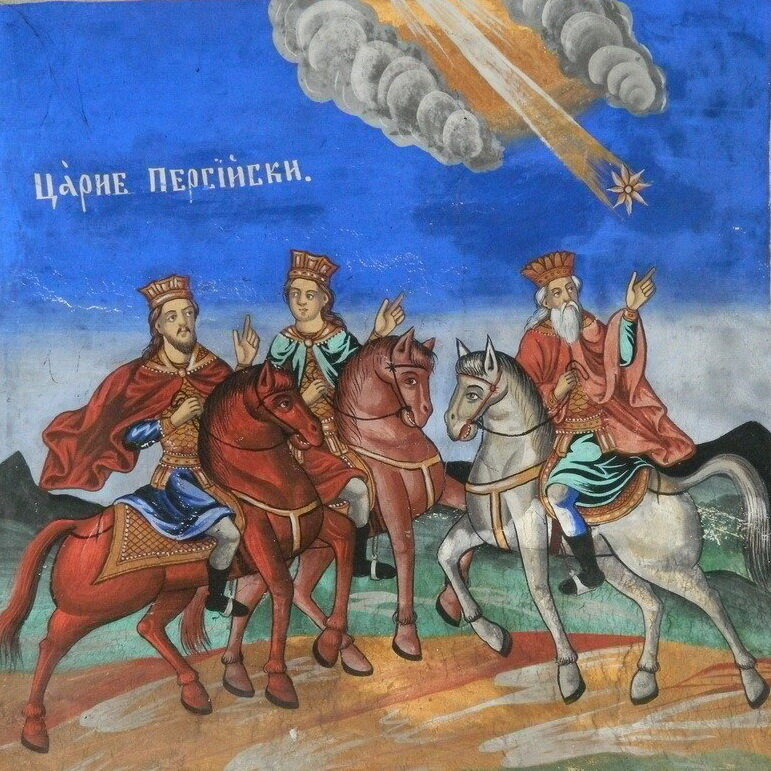 Три волхва скачут вслед за Вифлеемской звездой, которая движется по небу