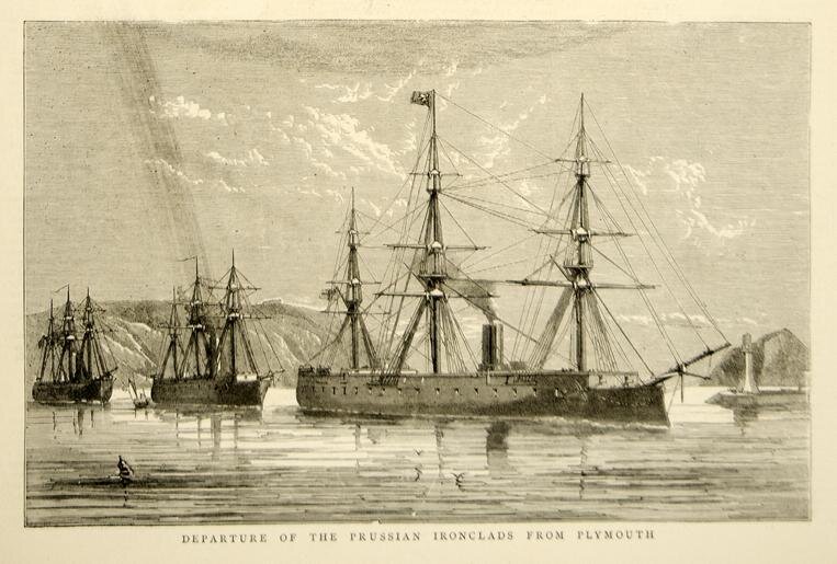 Прусские броненосцы покидают английский Плимут, 1870. Иллюстрация неизвестного автора