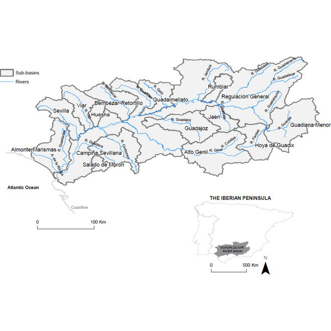 Расположение бассейна реки Гвадалквивививир на Пиренейском полуострове и подробная информация о его суббассейнах - https://ars.els-cdn.com/content/image/1-s2.0-S2212094714000152-gr1.jpg