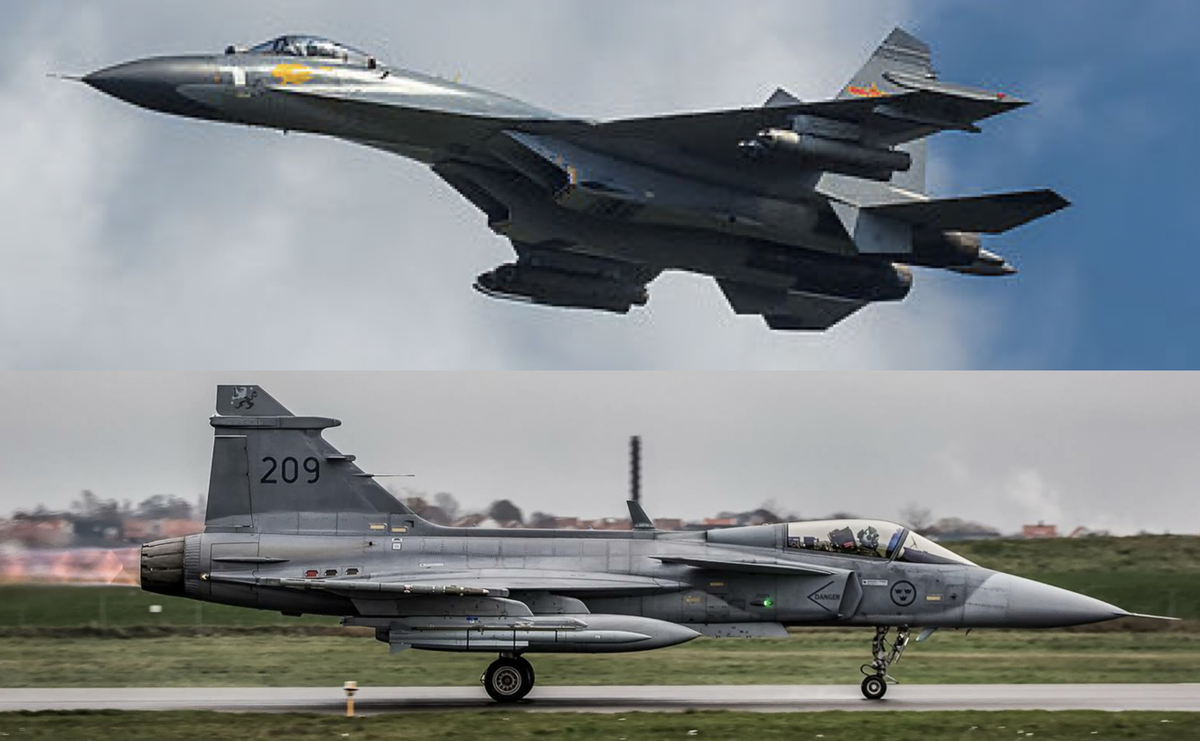 Су-27 (вверху) и Gripen (внизу) 