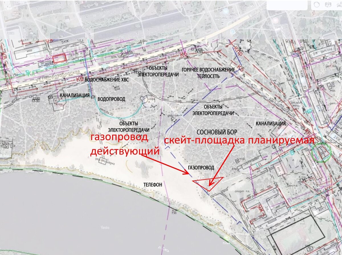 На схеме видно, что скейт площадка частично попадает на зону, где проходит газопровод.