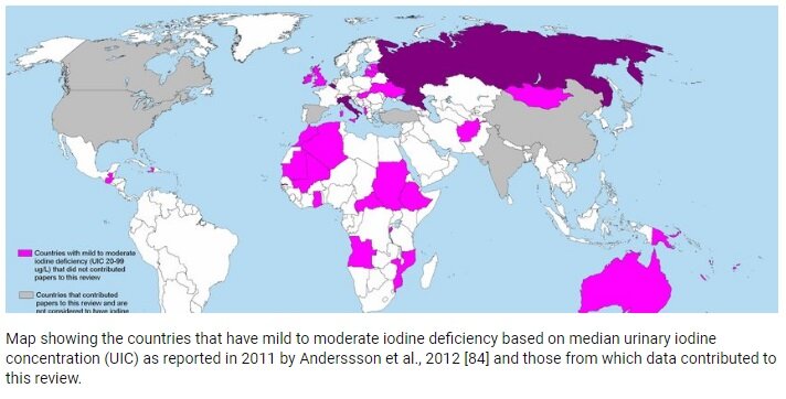 Эта карта йододефицитных стран. Роль йода невозможно переоценить. Прежде всего, от недостатка страдает интеллект, вплоть до развития критинизма. Во вторую очередь щитовидная железа, что делает красивых стройных людей преждевременно "пухленькими плюшками" и с этим ничего уже не поделаешь. Лучше пить витаминные препараты с йодом и йодированную соль. Источник фото: https://www.researchgate.net/