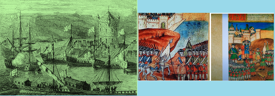 Слева - гравюра «Взятие Азова. 1696 год. Адриан Шхонебек. На кораблях явно шведские, а не российские Андреевские морские флаги. Справа -миниатюры того времени, изображающие взятие Азова с солдатами в шведской форме, хотя и включая русских солдат.