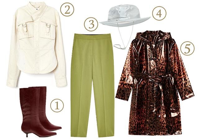 Сапоги Mango, 5999 руб. 2. Рубашка H&M, 6499 руб. 3. Брюки Topshop, 2560 руб. 4. Панама CLYDE, 6492 руб. 5. Виниловый тренч Topshop, 5888 руб.