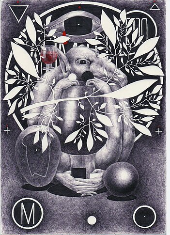 «Портрет Лермонтова» из серии «Бестиарий» (1998, Дмитрий Пригов) Бумага, акрил, шариковая ручка 29,5 x 21 см