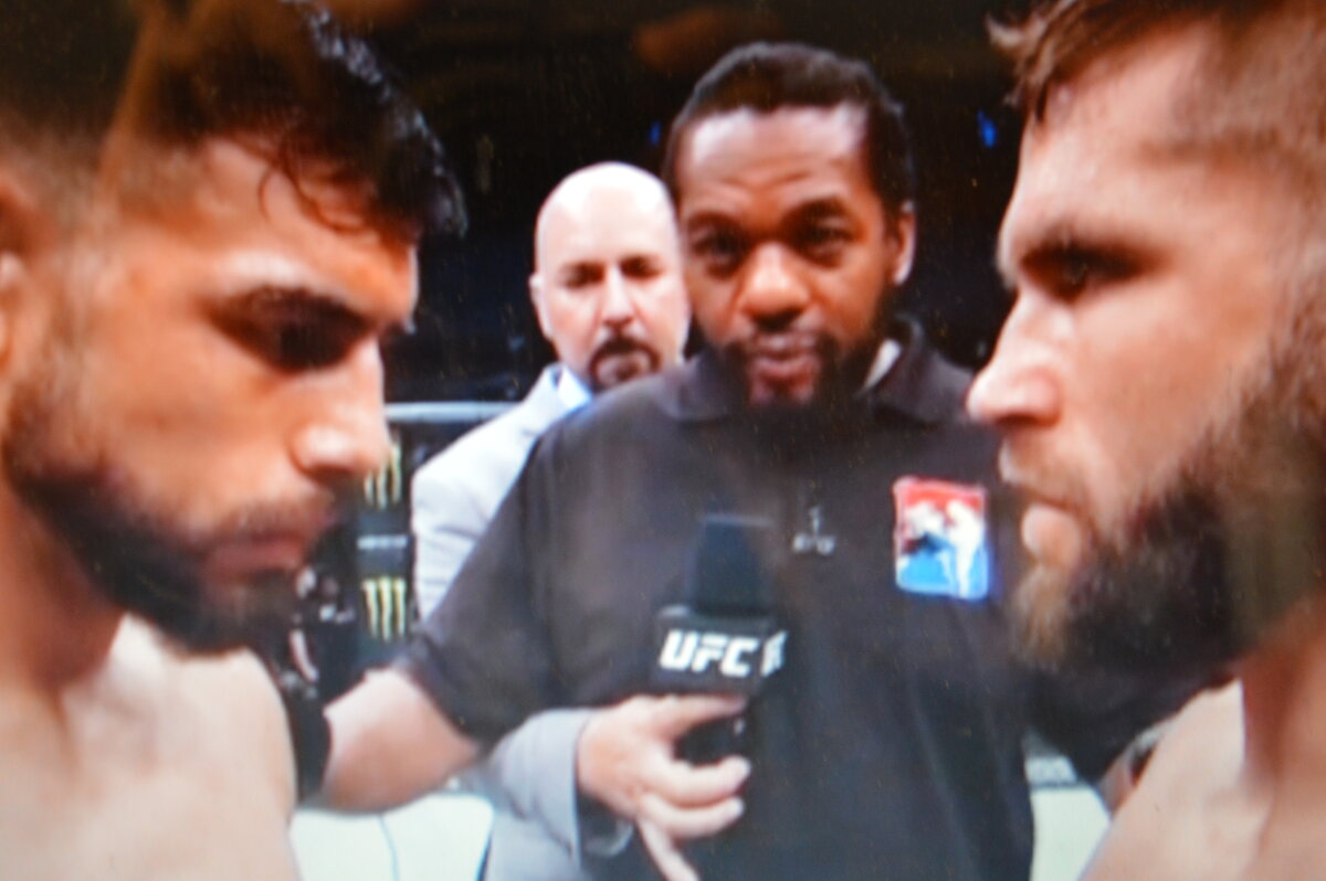 Бойцы сошлись в центре под наблюдением судьи. 