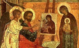 Иоанн Дамасский ( 675 г н.э.- 753 г н.э.) " Художник рисует с натуры Богоматерь с младенцем с благословения Луки"