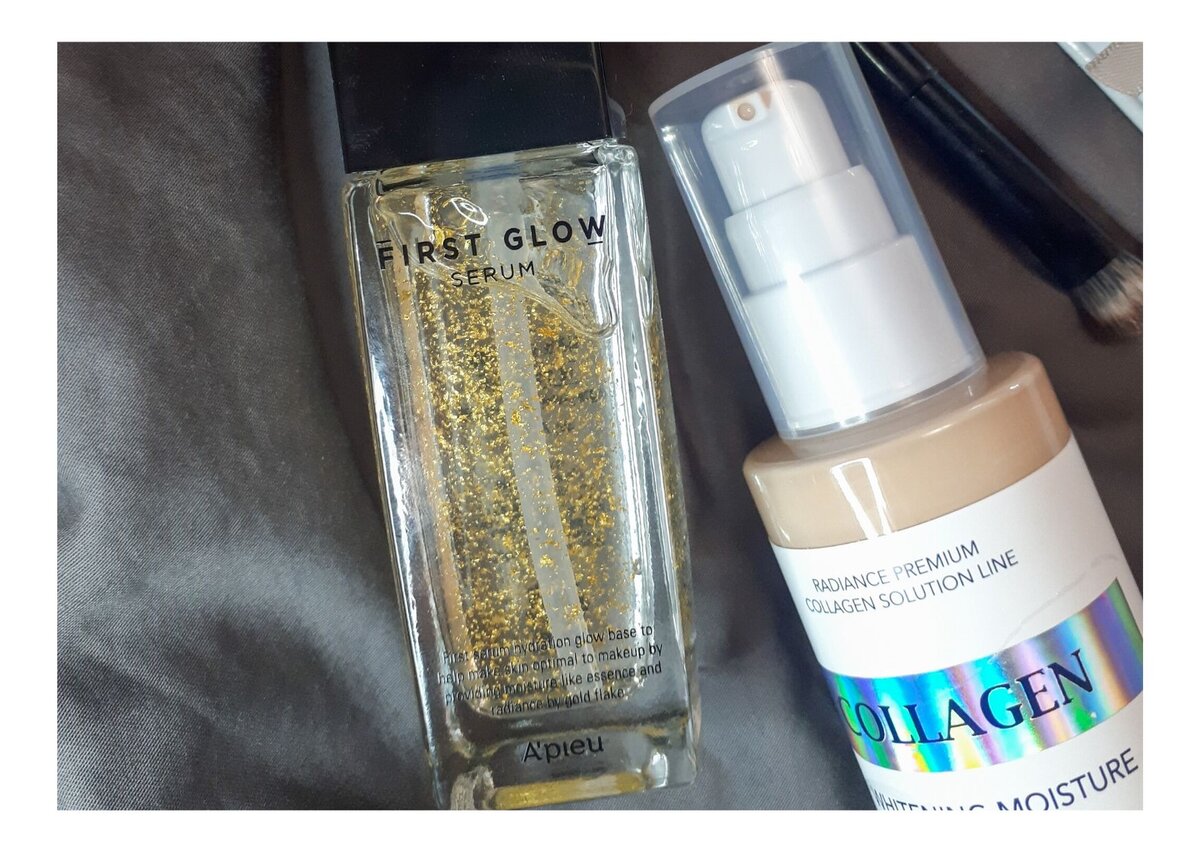 База под макияж First Glow Serum от A'pieu, тональная основа Collagen Whitening Moisture Foundation от Enough и макияж с использованием продуктов