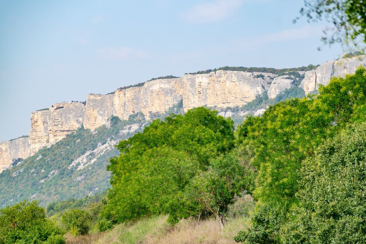 2. Крупный вид скального обрыва плато Пычки-кая-баш. На ближнем плане лиственные деревья на холмах в непосредственных окрестностях села Кудрино.