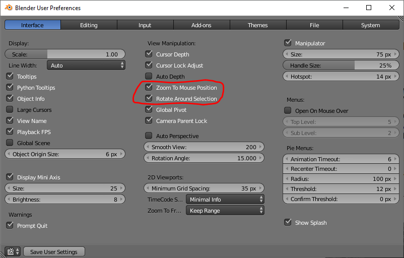 Выберите Zoom To Mouse Position и Rotate Around Selection