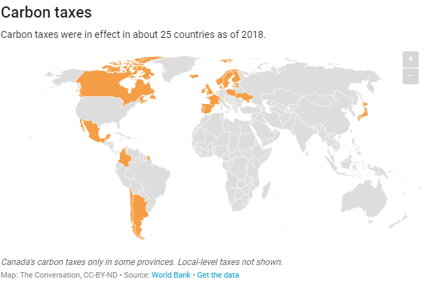 Карбоновые налоги в 2018 году. Источник - Всемирный банк