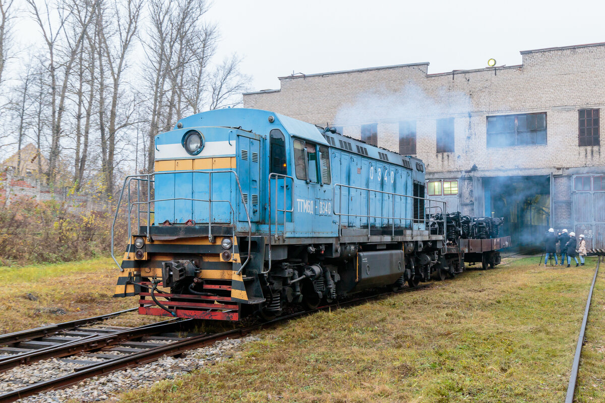 Маневровый тепловоз ТГМ6Д-0340 ведет платформу с тележками ТГМ8КМ на погрузочную площадку