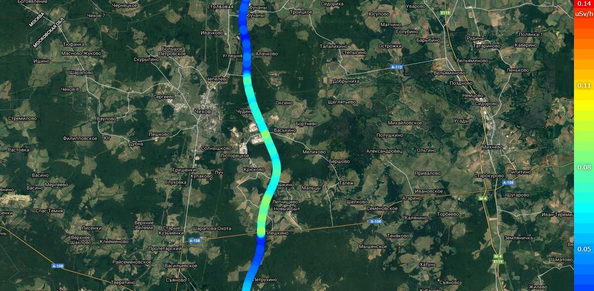 Полный участок маршрута с радиационной аномалией от развязки на Чепелёво - Чехов 2 и до развязки Шарапова Охота - Плешкино.