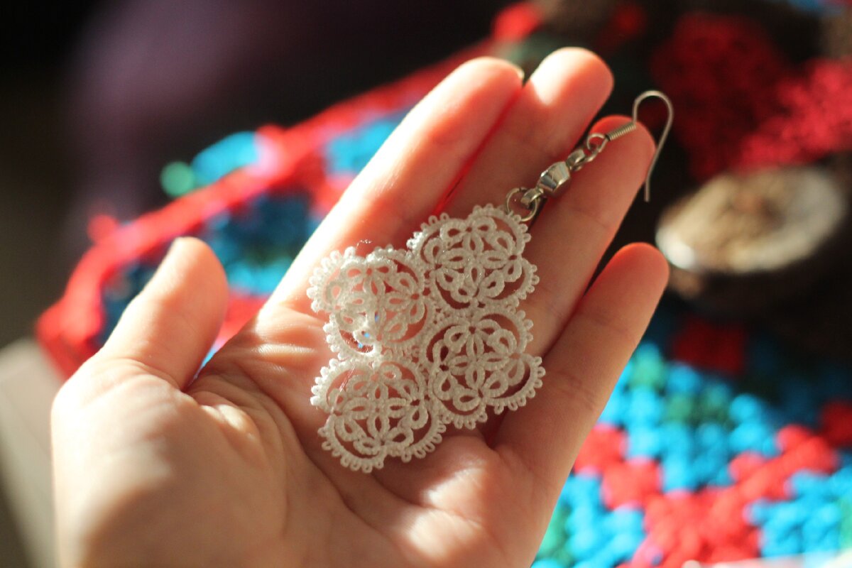 Мои авторские серьги фриволите . Любимая модель "Лебёдушка"