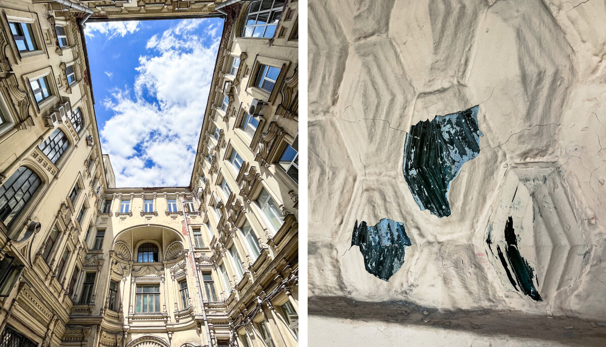 Двор Саввинского подворья и стеклянные блоки Фальконье в одном из его подъездов. Фото автора