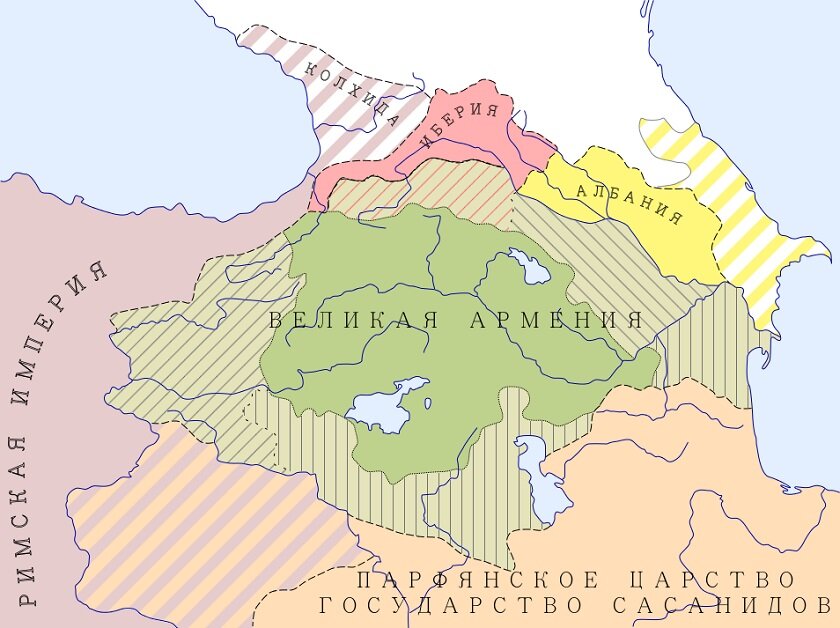 Карта великой Армении. Заштрихованные земли в 371 году н.э. отошли ее соседям