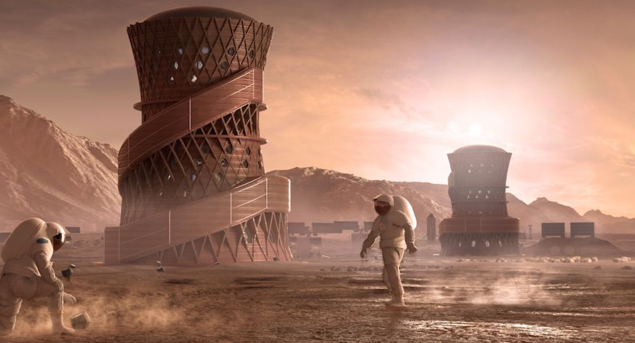 Одна из команд-победителей конкурса НАСА на создание полномасштабной среды обитания на Марсе с помощью программного обеспечения для моделирования Team SEArch+/Apis Cor спроектировала эту марсианскую обитель, которая построена из верхней части одноступенчатого многоразового транспортного средства Hercules.(Изображение:  Team SEArch+ / Apis Cor)