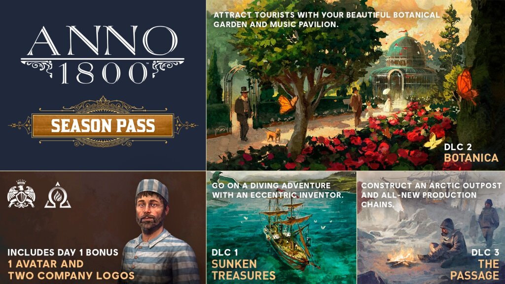 Компания Ubisoft  представила состав Season Pass для Anno 1800 в который входят:   Цена Season Pass составляет 1299 рублей в Uplay и  Epic Games Store.