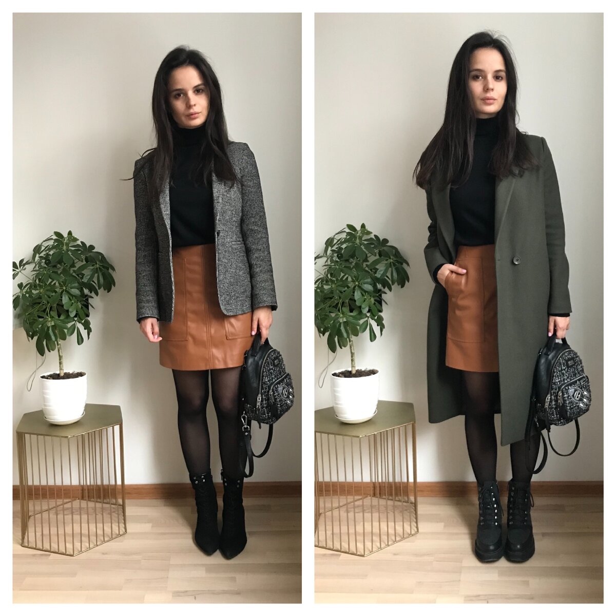 Пальто Osome2some, водолазка Uniqlo, рюкзак Karl Lagerfeld, жакет massimo Dutti, ботильоны слева Vagabond, ботинки справа Эконика 