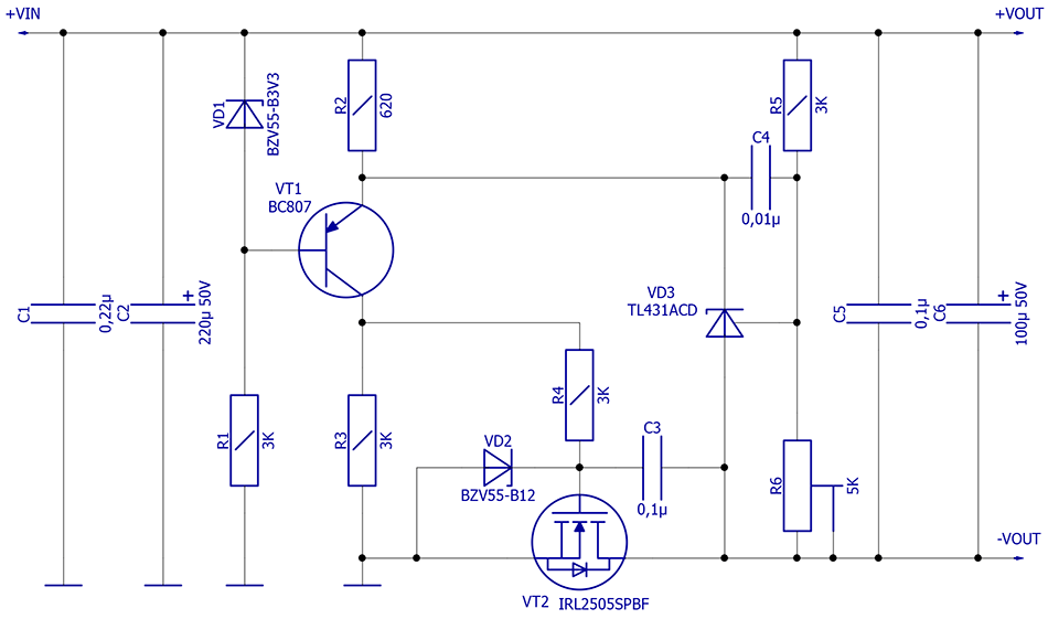 Стабилизатор напряжения с малым падением напряжения схема