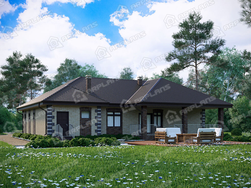 Фото 3 одноэтажного дома из газобетона с 3 спальнями, гаражом на 1 машину, газовой котельной и террасой до 200 кв м. Источник arplans.ru Проект К-248