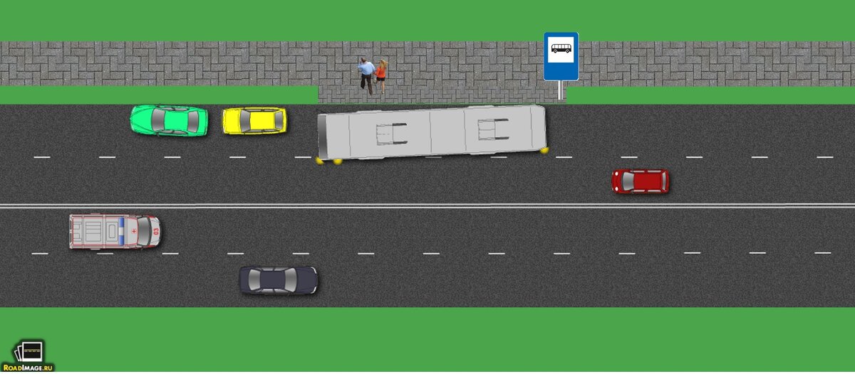 У кого преимущество: у автобуса или у  красного автомобиля? 