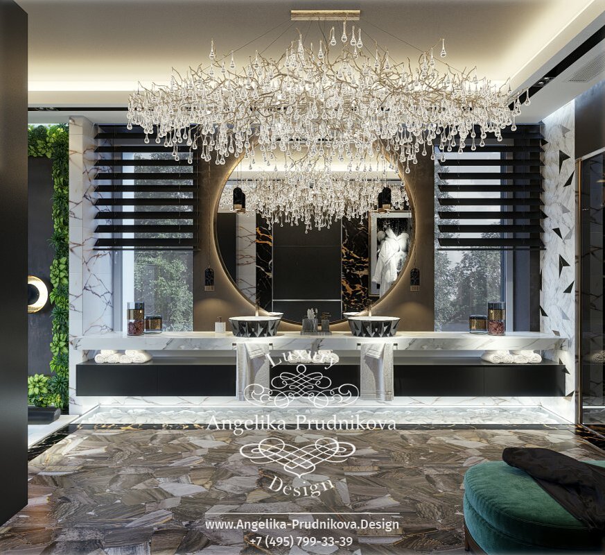 На фото: Ванная комната в современном стиле с круглым зеркалом и авторской люстрой