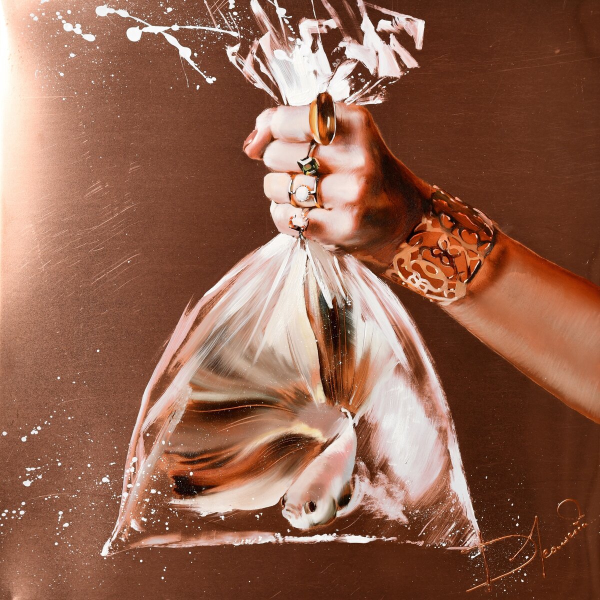 Картина "Lucky gold fish"; 50x50cm; медный холст, масло (2020)