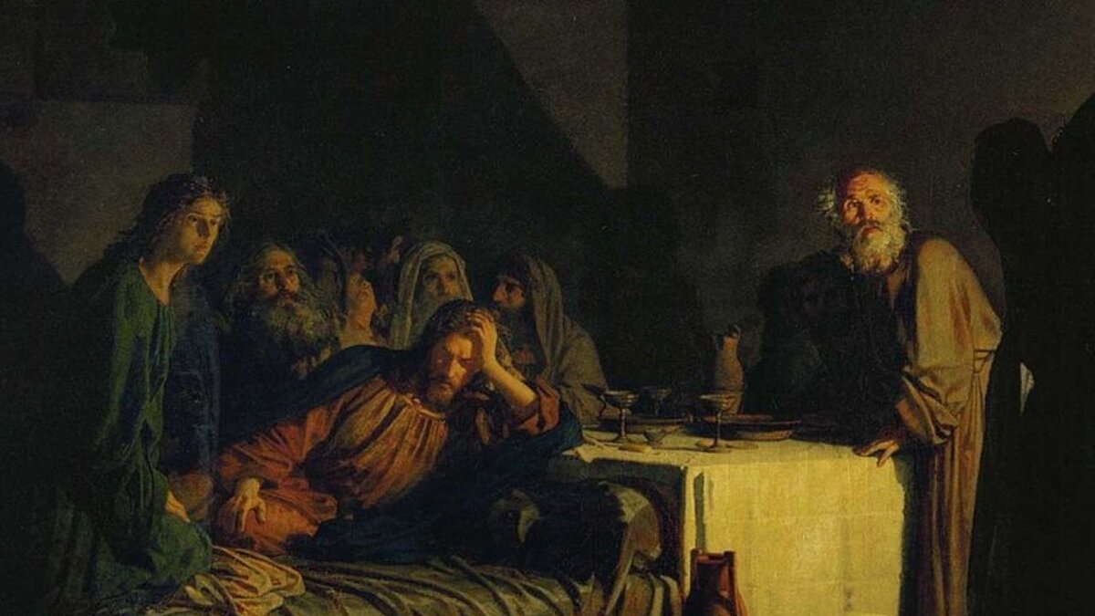 Фрагмент картины «Та́йная ве́черя» русского художника Николая Ге (1831—1894), оконченная в 1863 году. Она является частью собрания Государственного Русского музея в Санкт-Петербурге