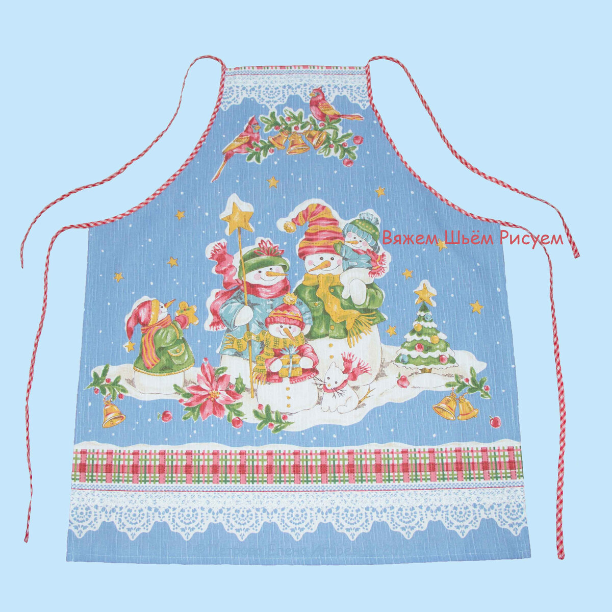 Синий новогодний фартук "Семья снеговиков"