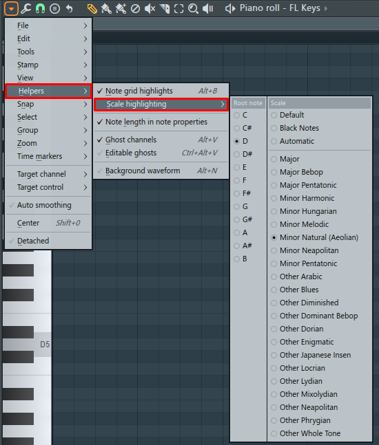 Helpers -> Scale highlighting -> выбираем нужный аккорд и тональность