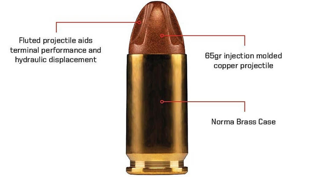 Общий вид 9-мм патрона Norma NXD с пулей из медного сплава массой 65 гран