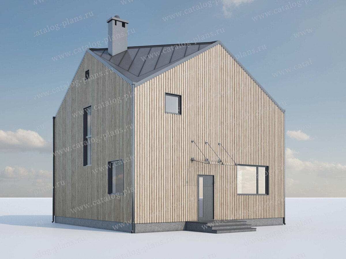 Вид на главный и левый фасады дома (вариант расположения дома посреди замерзшего озера, видимо). Источник изображения: Дзен-канал "Проекты Коттеджей"