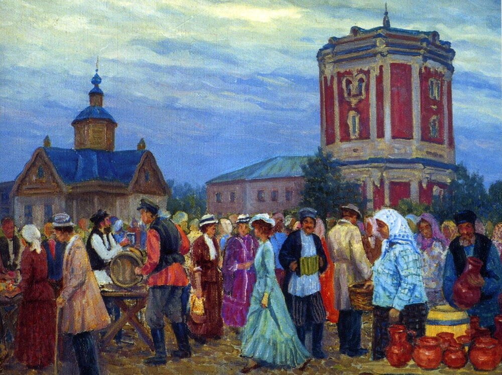 Картина А.М. Курзанова. Изображена Староконная площадь ( ныне - площадь Ленина), водонапорная башня и Одигитриевская часовня