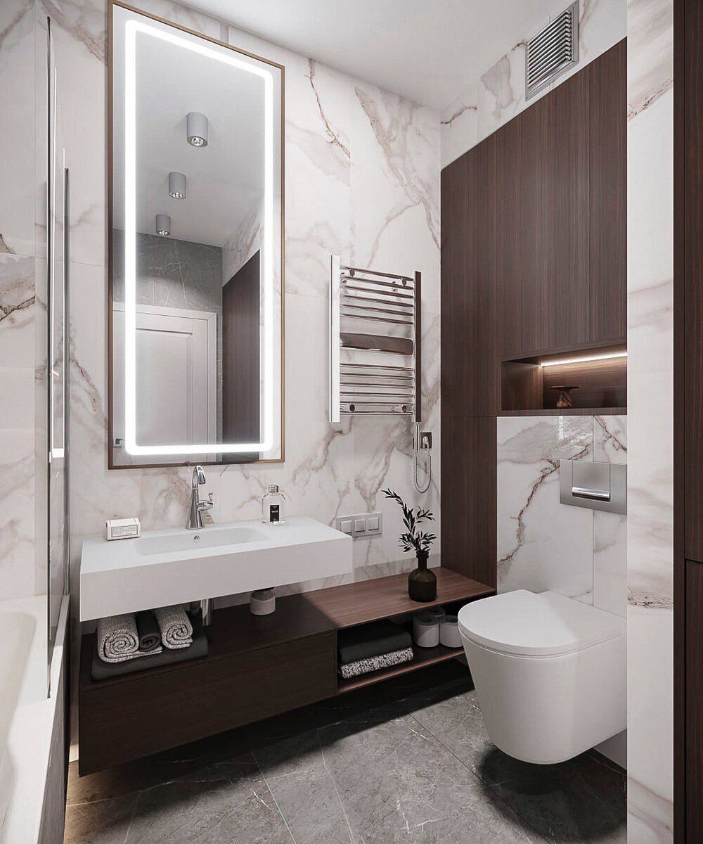 Проект ванной комнаты Татьяны Лянг с белым мрамором из коллекции  Iceberg K-2001 и серым мрамором Skala K-2202 от KERRANOVA