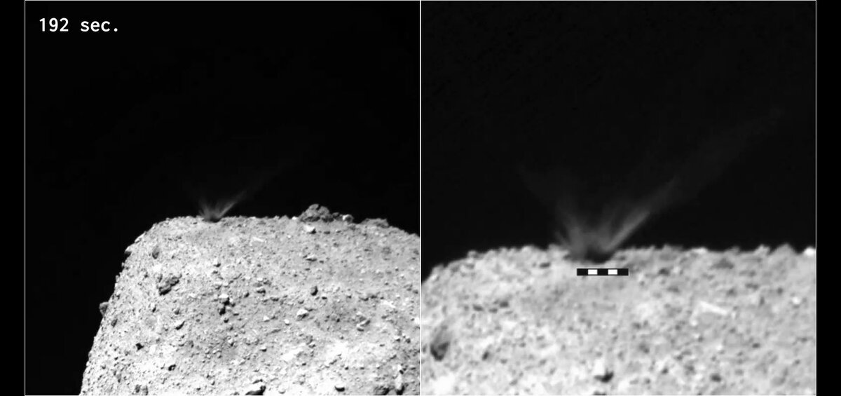 Вот этот момент.  источник https://www.syfy.com/syfy-wire/watch-as-hayabusa2-blasts-a-176-meter-wide-crater-into-an-asteroid