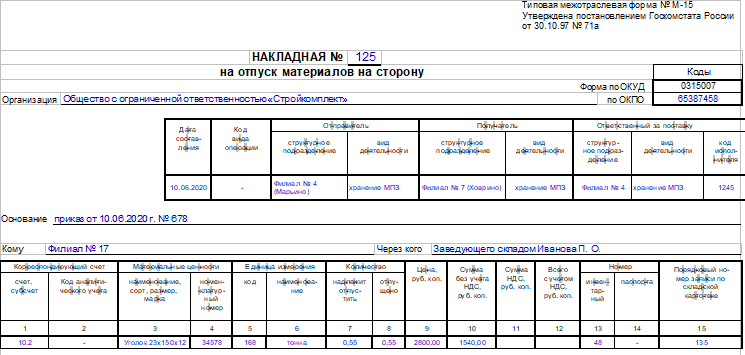 Накладные на материалы образец