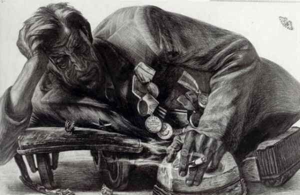 «Отдых в пути». Село Такмык Омской обл. 1975 г. В доме-интернате сибирского села Такмык Омской области живёт русский солдат Алексей Курганов. Фронтовыми дорогами он прошагал от Москвы до Венгрии и там был тяжело ранен: лишился ног.