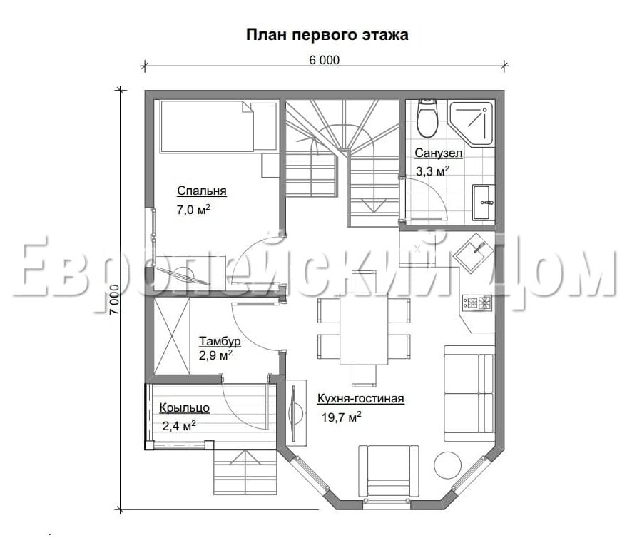 Разумный европейский дом 6х7 с нестандартной башней в два этажа