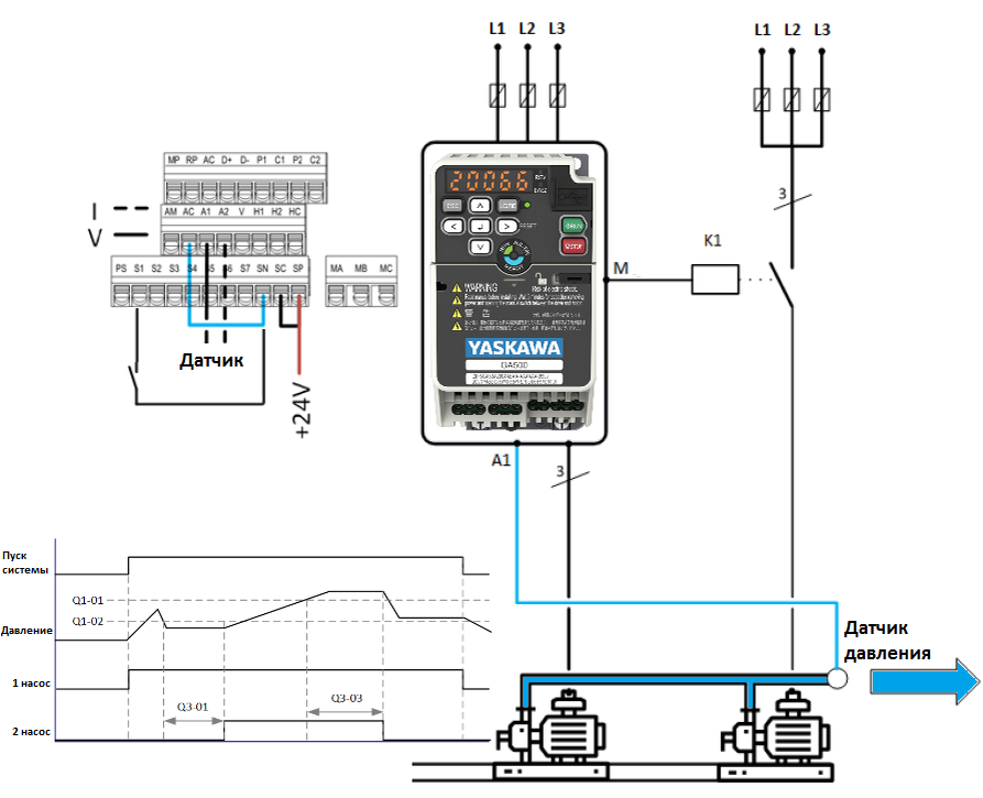 Подключение через преобразователь. Схема подключения насоса через частотный преобразователь. Схема подключения 2 насосов к частотному преобразователю. Каскадное управление насосами с преобразователем частоты схема. Схема управления 2 насосами с преобразователем частоты.