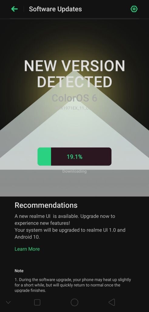 Загрузка обновления Realme UI 1.0 и Android 10