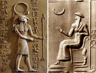 Слева - бог Солнца Ра, справа - бог Луны Син.
